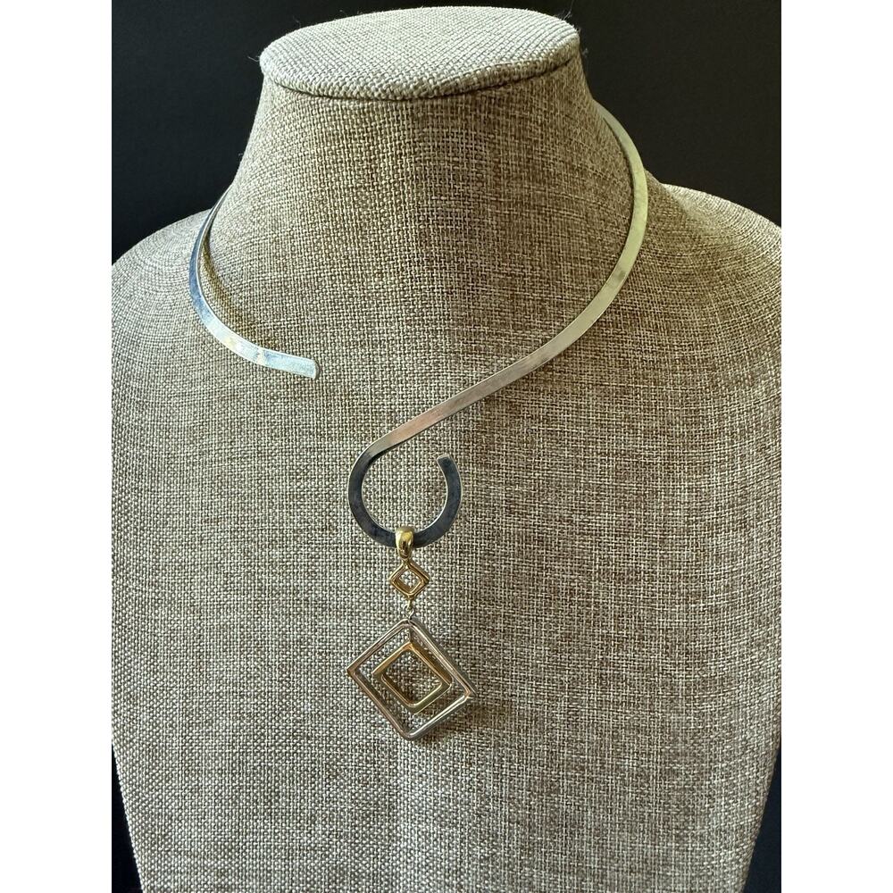 Torque Collar Pendant Necklace Silver Tone Minimalist Abstract Art To Wear Boho